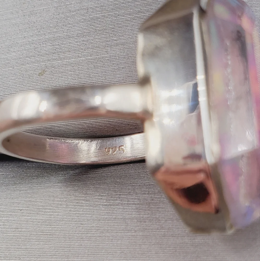 Iridescent Hexagon 925 Sterling Silver Opalite Aura Glow Ring